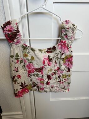 Abercrombie Floral Square-Neck Crop Top - Pink Floral Linen Size Medium